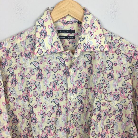 Stanza Men's Yellow Floral Linen Button Up Shirt 15.5" neck 40 EU - Picture 2 of 8